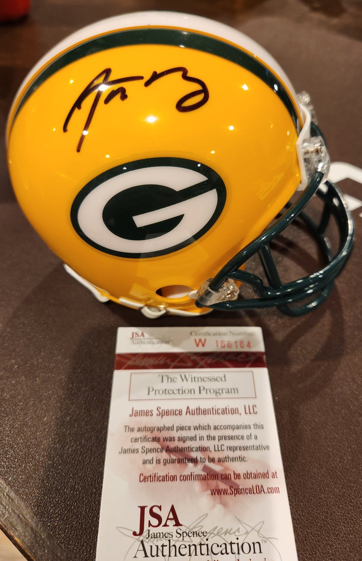 Aaron Rodgers signed Green Bay Packers mini helmet with JSA witness authentication